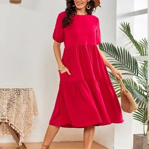 Red tiered short sleeve dress